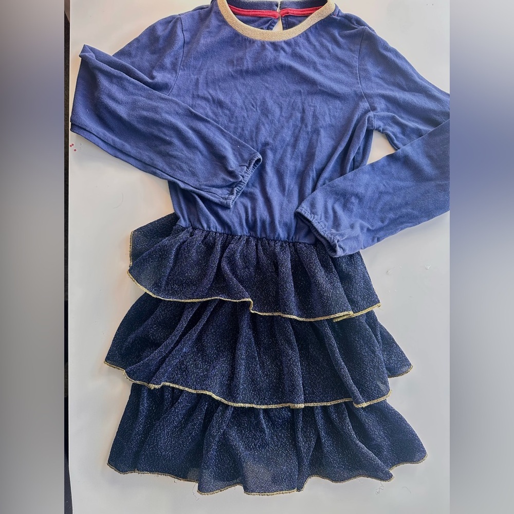 Mini Boden Tulle Ruffle Dress Gold Sparkle Navy Party 8/9